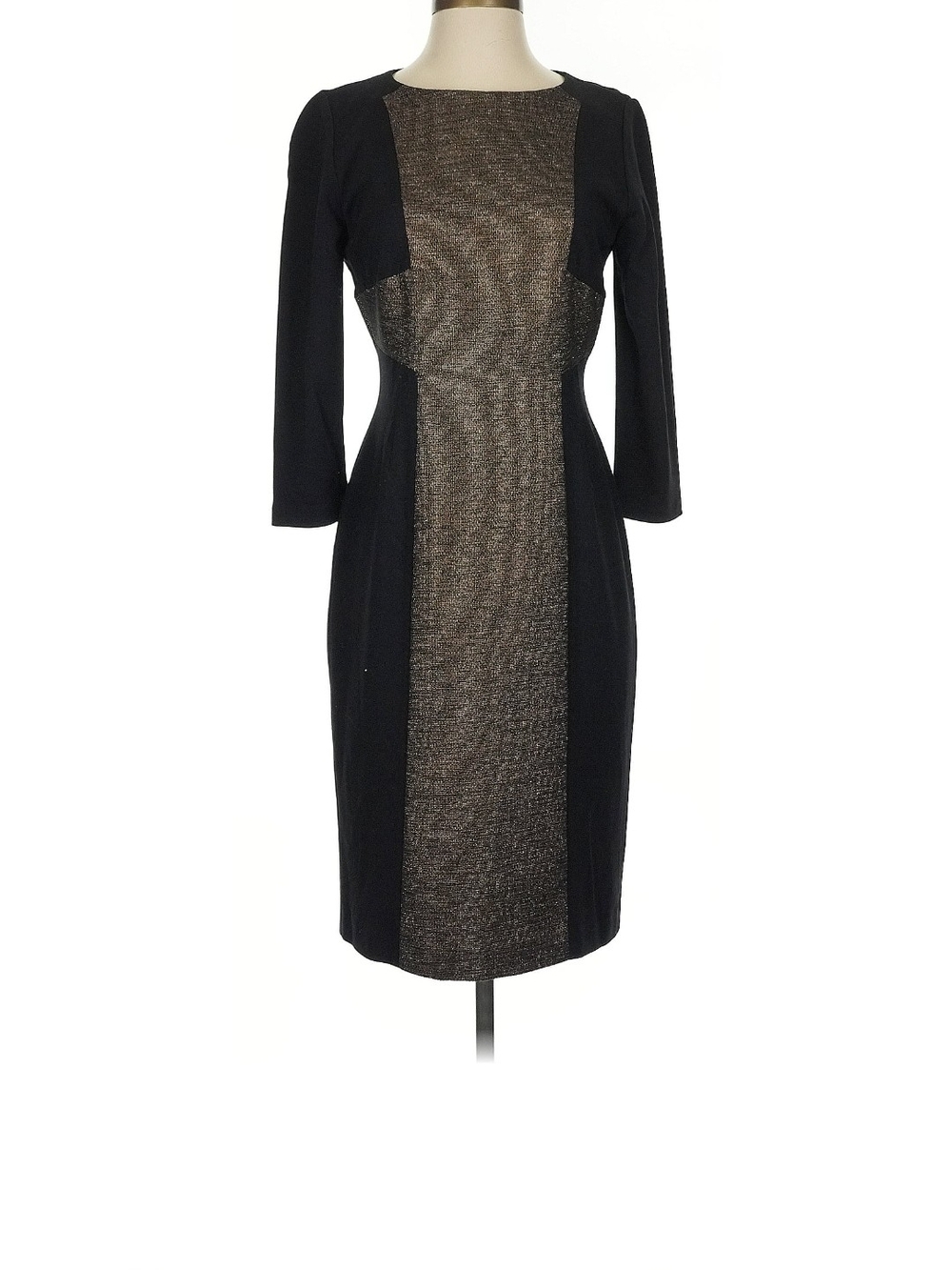 Classic Black Dress with Gold Metallic Center Panel - Long Sleeve Sheath